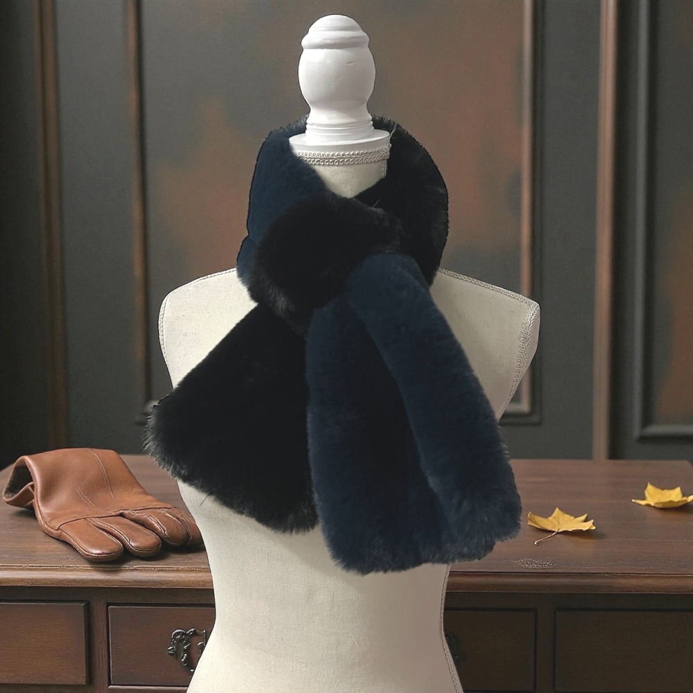 Chic Faux Fur Scarf Black Deep Blue Winter Warm Luxury Accessory Wrap